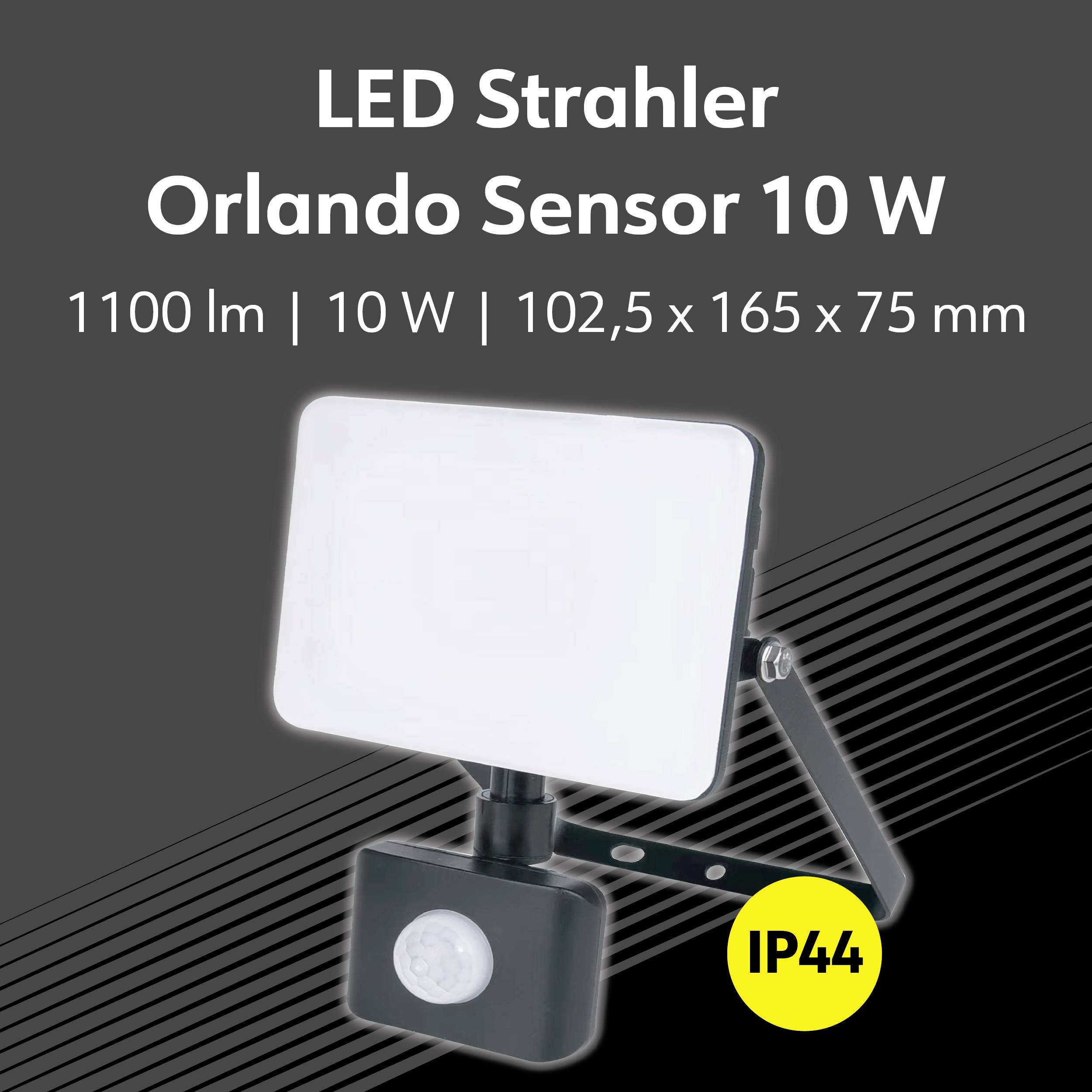 Naświetlacz LED o mocy 10 W, z czujnikiem, 1100 lumenów, wymiary 102,5 x 165 x 75 mm, IP44, na czarnym tle.