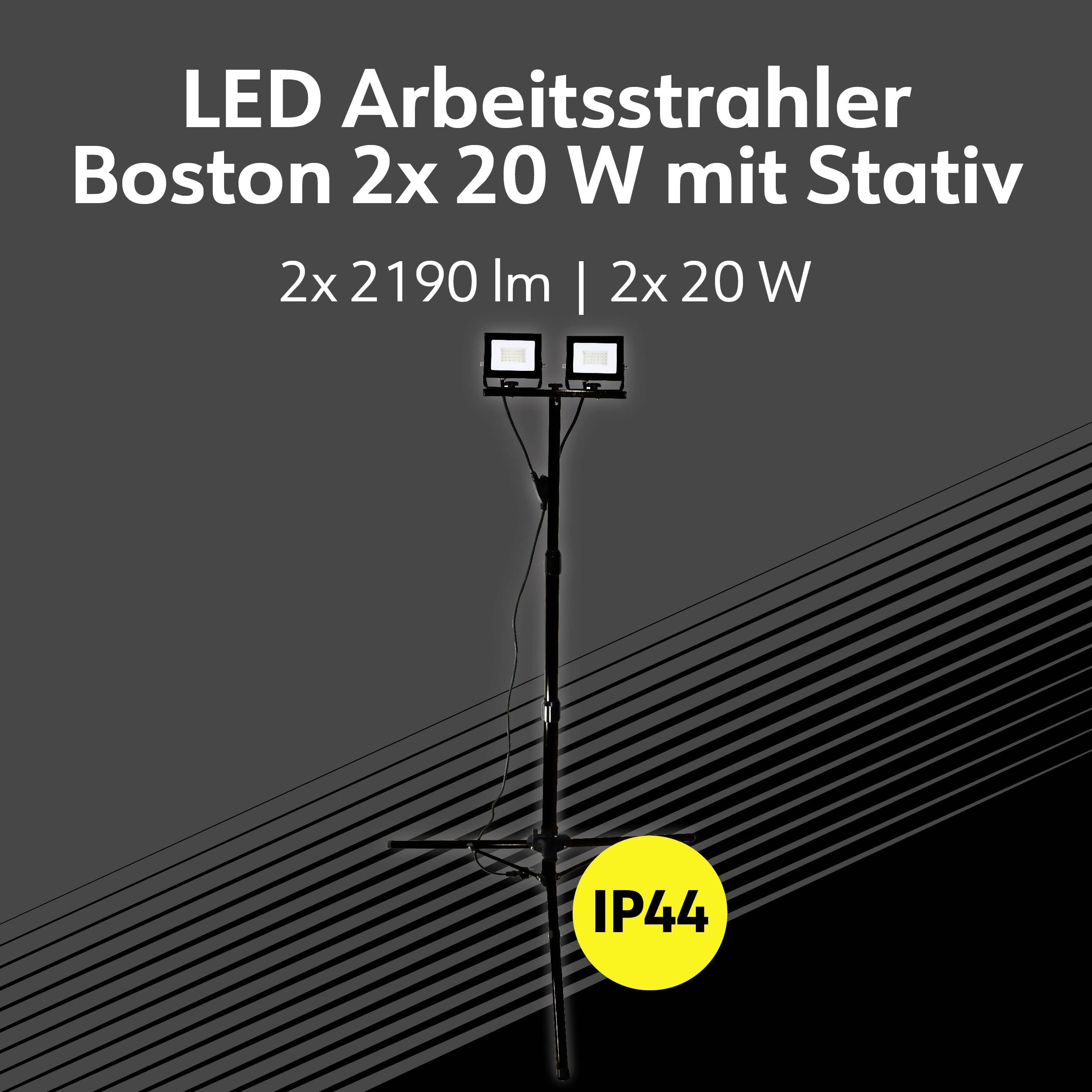 'Lampa robocza LED Boston 2x 20 W ze statywem, stopień ochrony IP44, nadająca się do zastosowań wewnętrznych i zewnętrznych.'