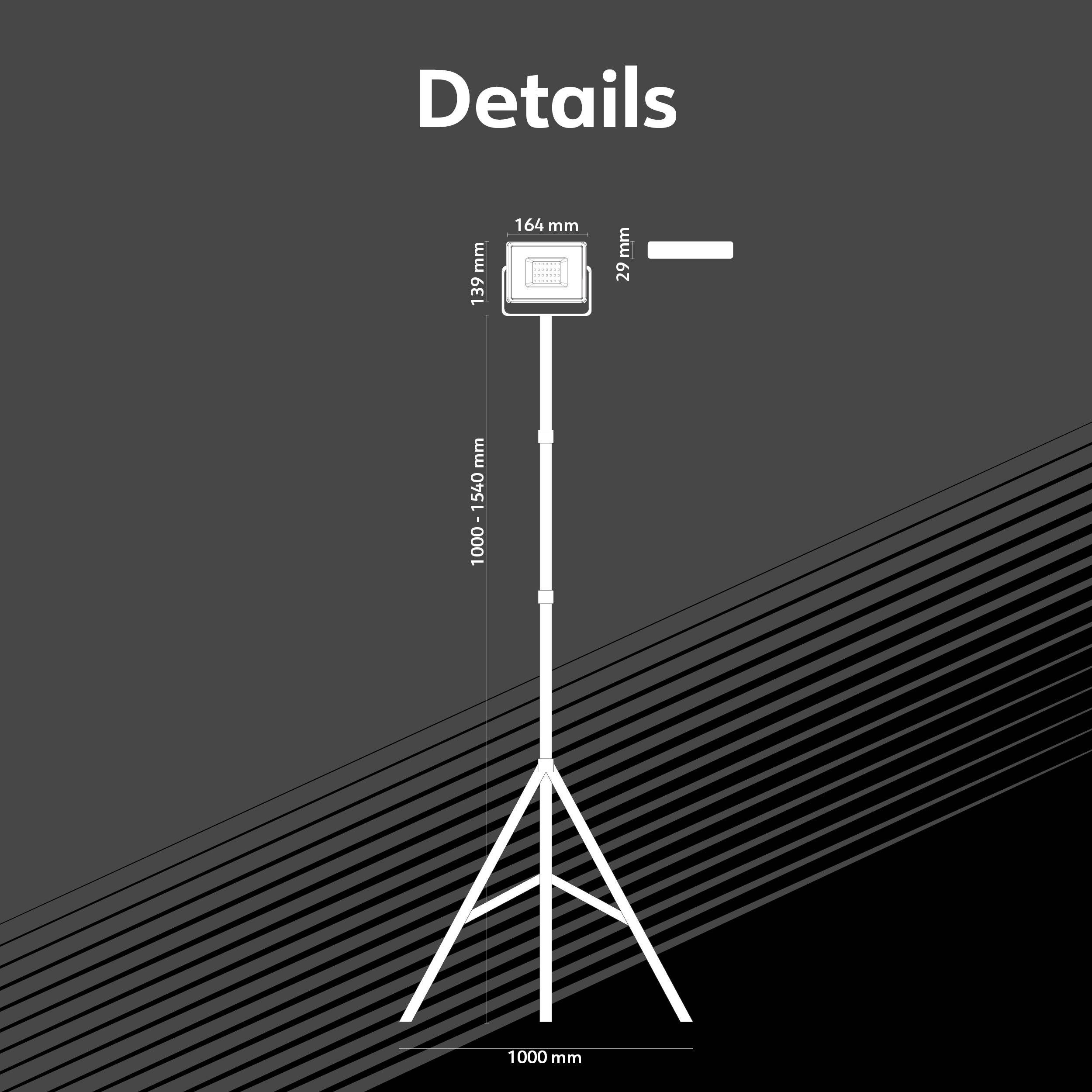 'Szczegóły': Rysunek statywu lampy z wymiarami; Całkowita wysokość: 1540 mm, Obudowa lampy: 164 x 139 mm, Szerokość statywu: 1000 mm.