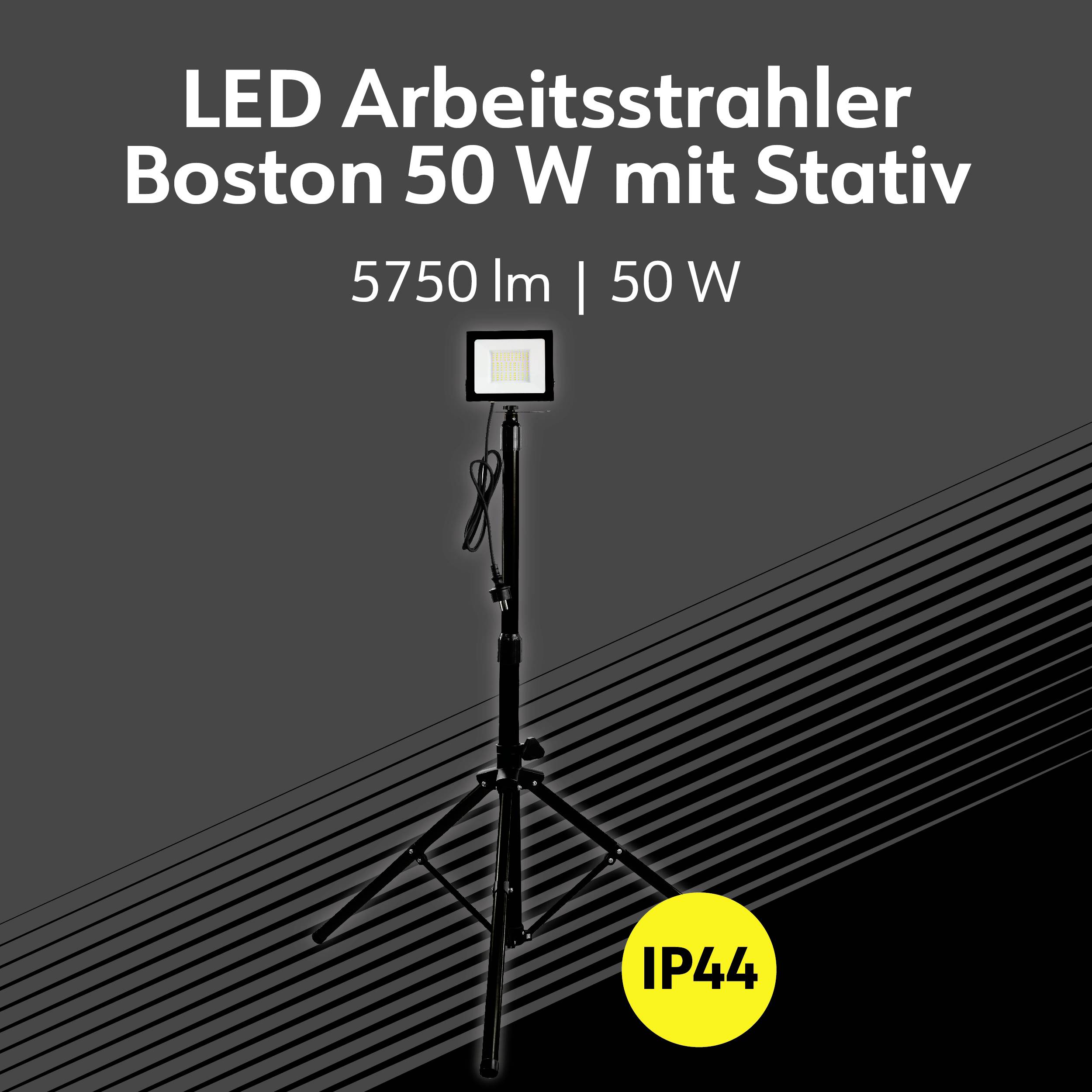 Reflektor roboczy LED Boston 50 W ze statywem, 5750 lm, IP44 pokazuje światło na statywie na szarym tle, przeznaczone do zastosowań na budowach.