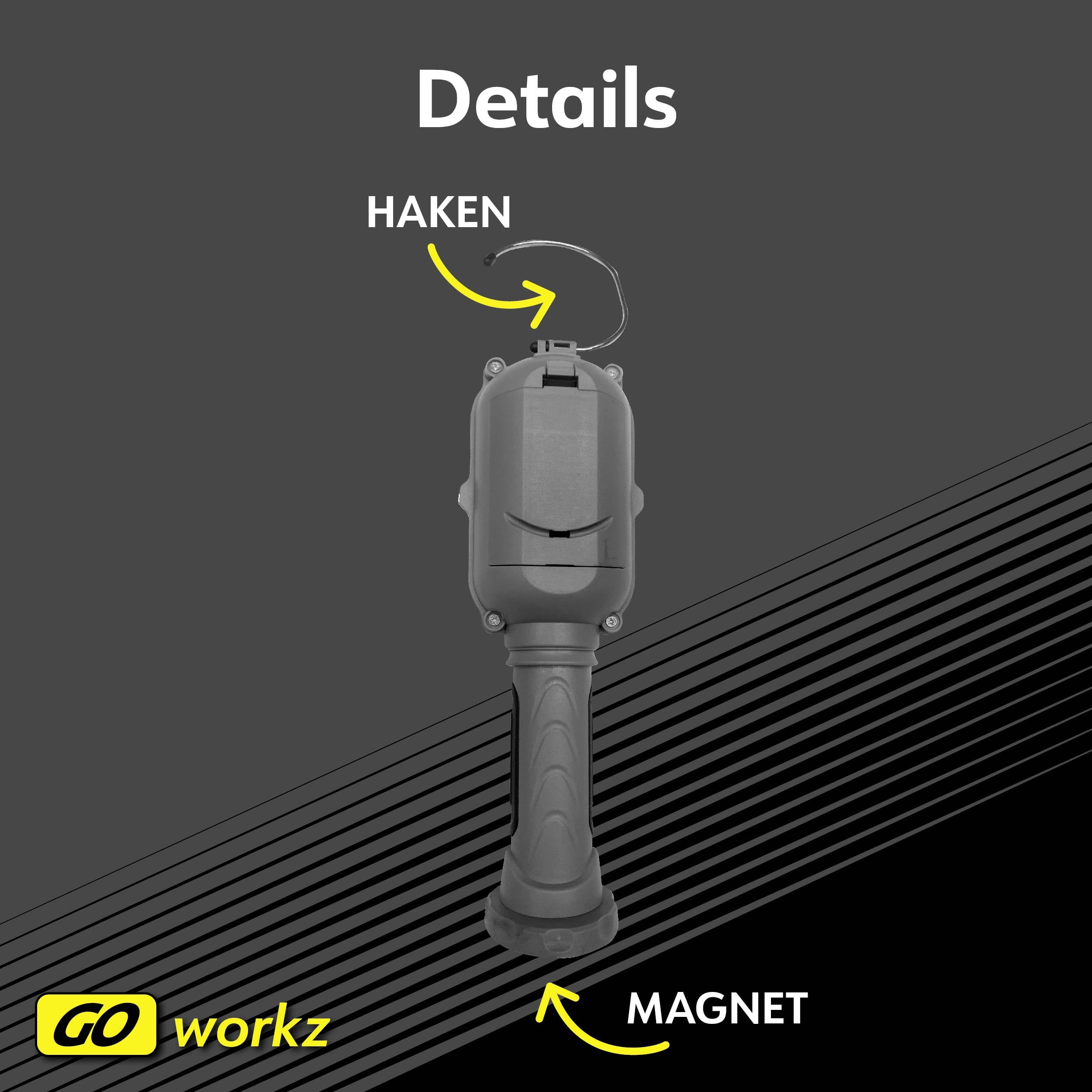 Ręczna lampa z uchwytem i hakiem na górze, magnes na dole. Tekst: 'Szczegóły', Marka: 'GO Workz'.
