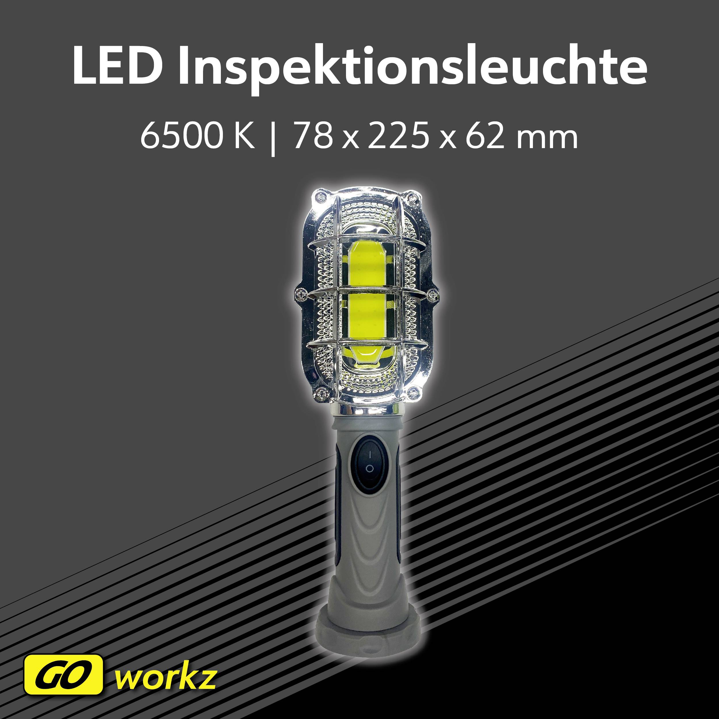 Lampa inspekcyjna LED, 6500 K, wymiary: 78 x 225 x 62 mm. Na ilustracji lampa jest przedstawiona pod skosem na szarym tle.