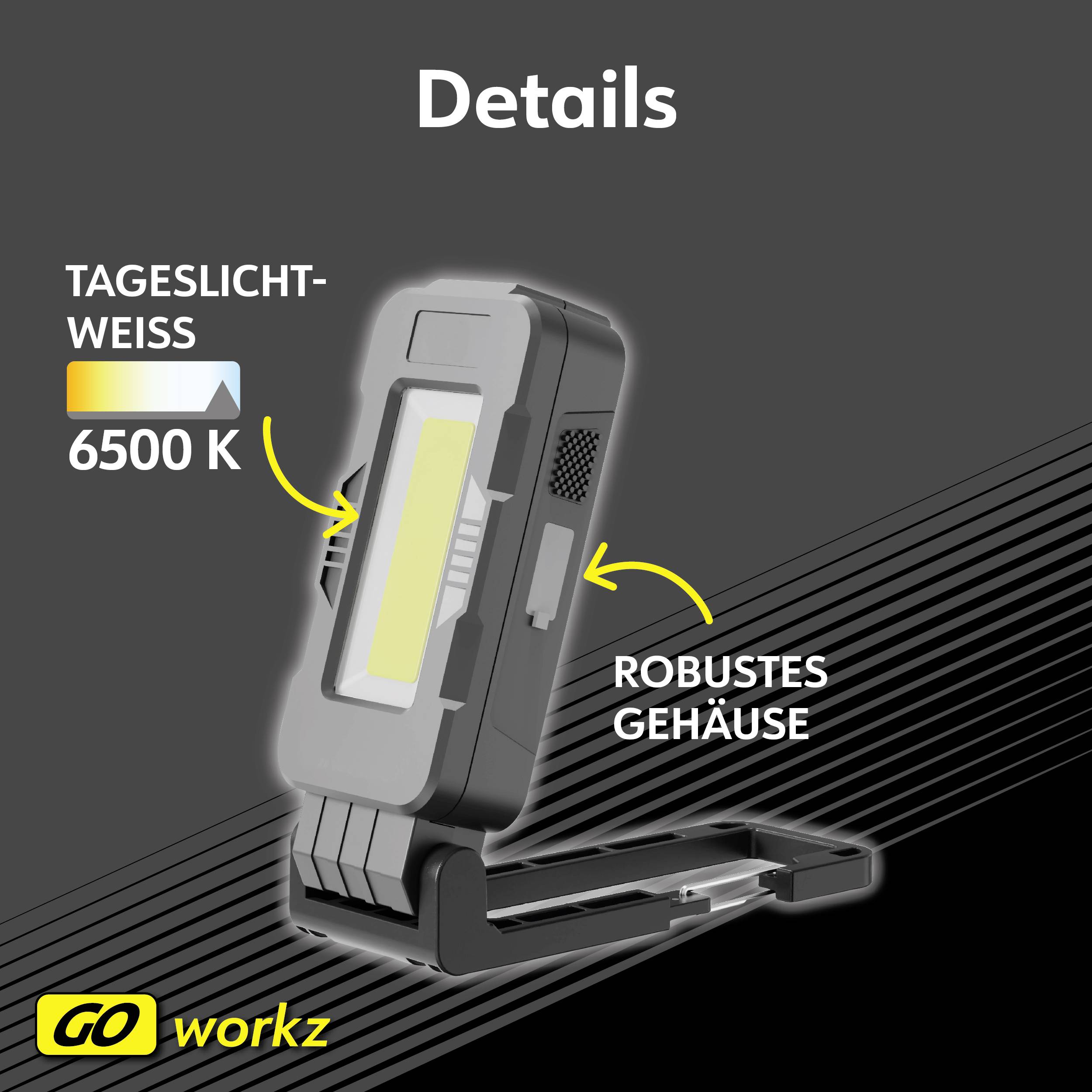 Lampa robocza LED marki 'GO workz' z białym światłem dziennym o temperaturze 6500 K w wytrzymałej obudowie.