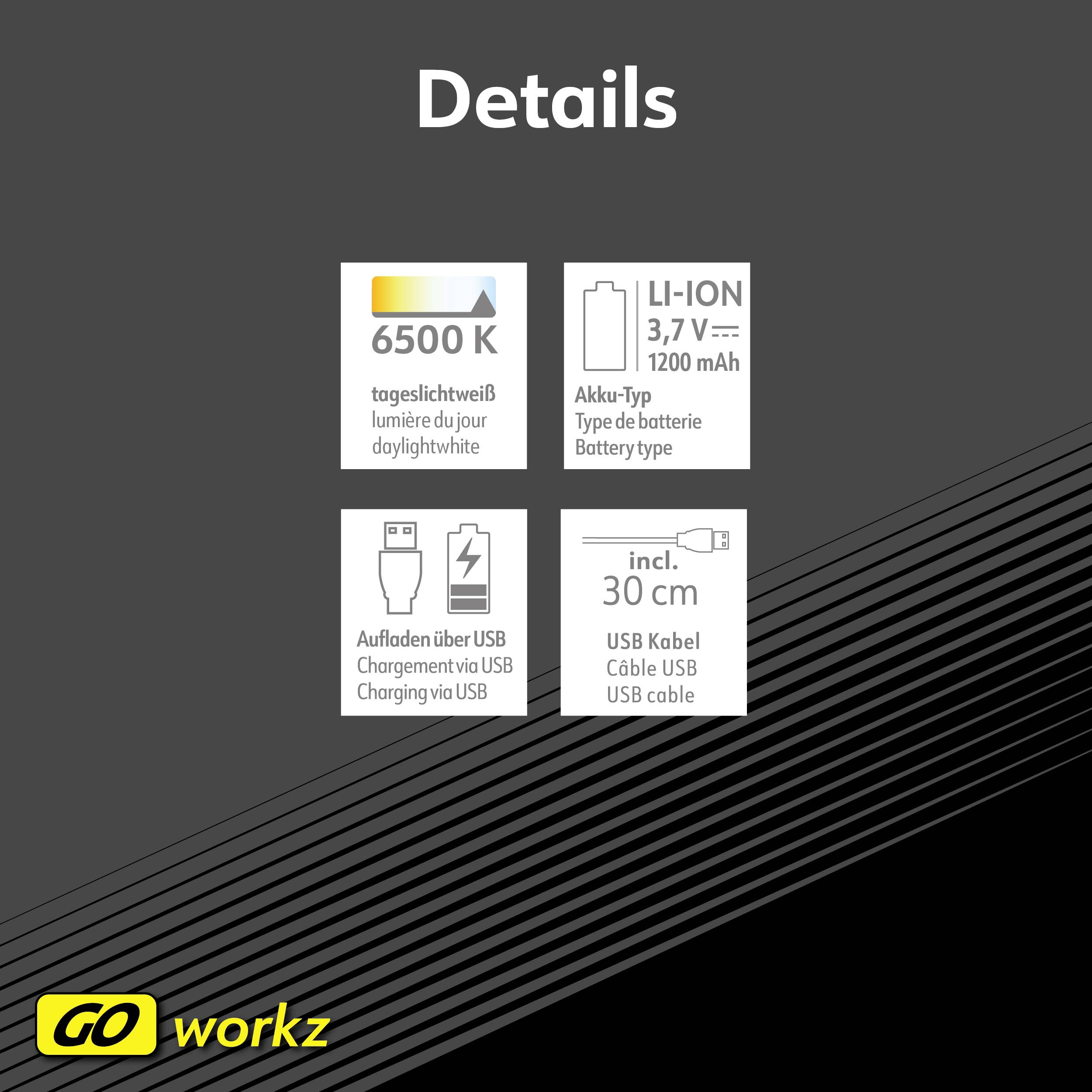 'Szczegóły' pokazuje symbole: światło 6500 K, akumulator litowo-jonowy 3,7 V 1200 mAh, ładowanie przez USB, kabel USB 30 cm. Marka 'GO workz' u dołu.