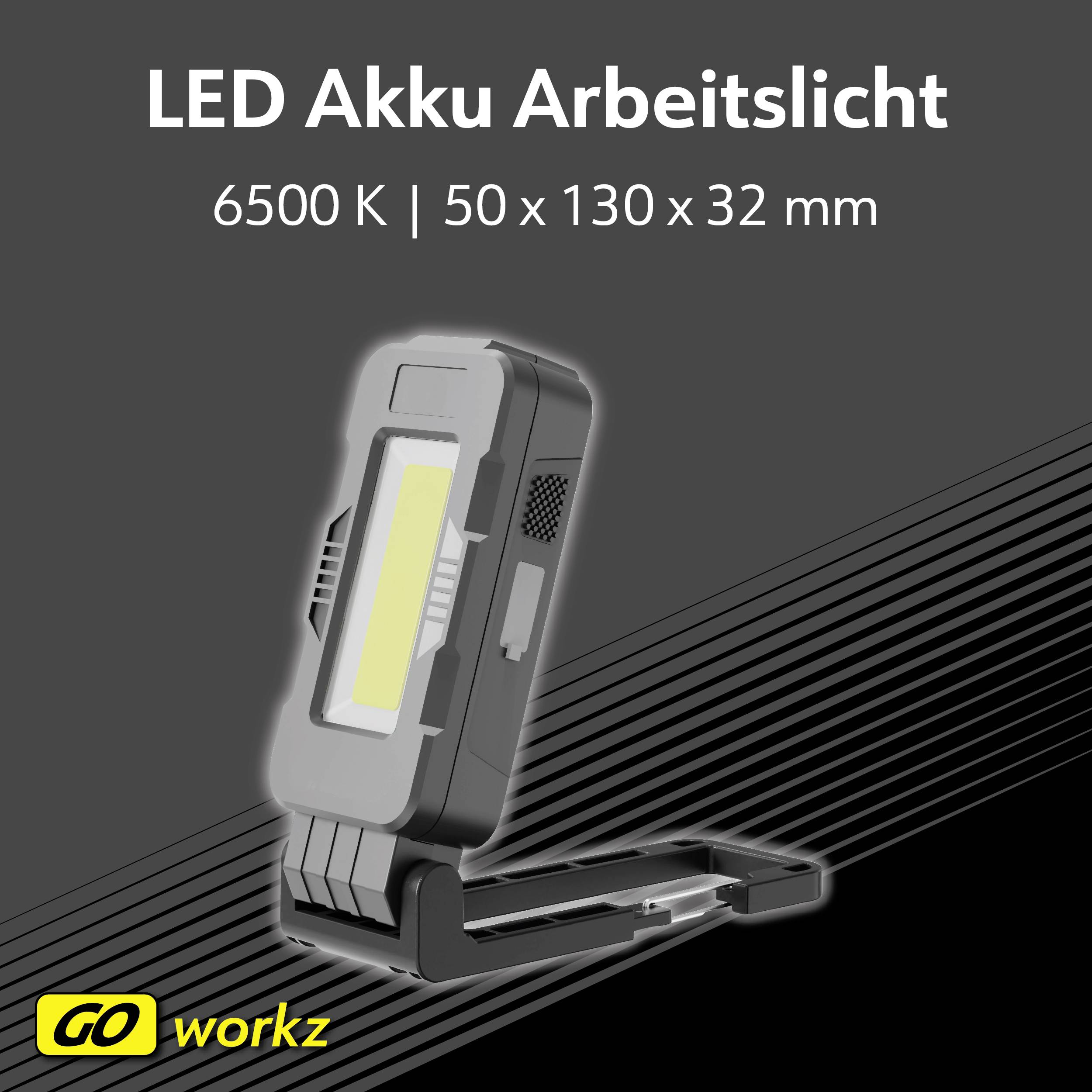 Przenośna lampa robocza LED z akumulatorem, 6500 K, 50 x 130 x 32 mm. Lampa z regulowaną podstawą. Marka: GO workz.