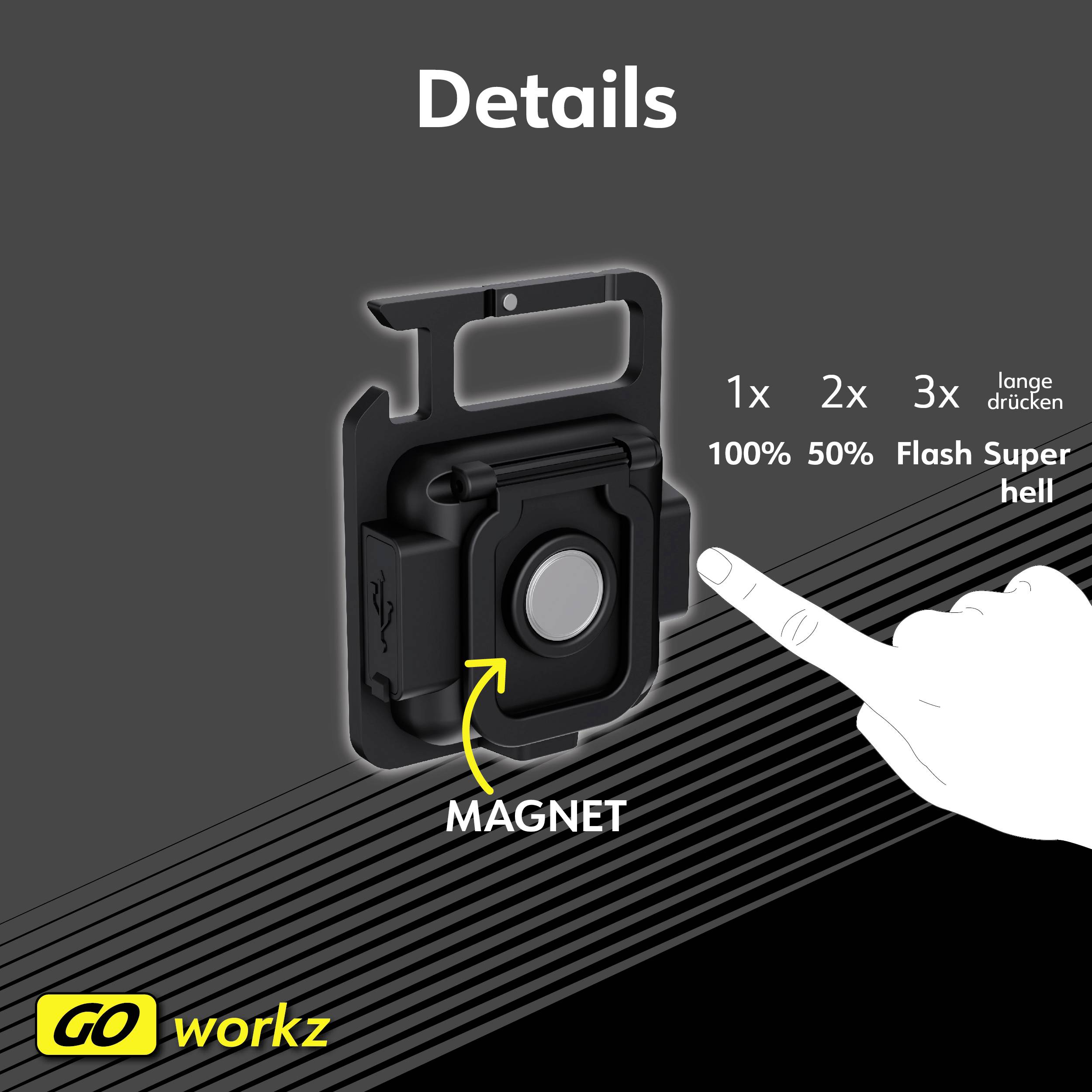 Jedna ręka naciska przycisk lampy magnetycznej. Oznaczenie: 1x 100%, 2x 50%, 3x Flash Super, długie przytrzymanie. Marka: GO workz.