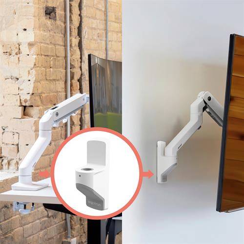 Regulowany uchwyt monitora mocuje ekran przy ścianie. Strzałka wskazuje metodę zamocowania. Tłem jest ściana z cegły.