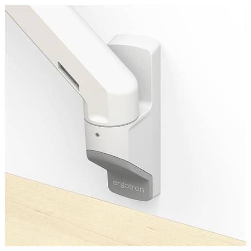 Uchwyt ścienny ramienia monitora firmy Ergotron, wykonany z materiału metalowego, zamocowany na białej ścianie, zapewnia elastyczne ustawienie ekranu.