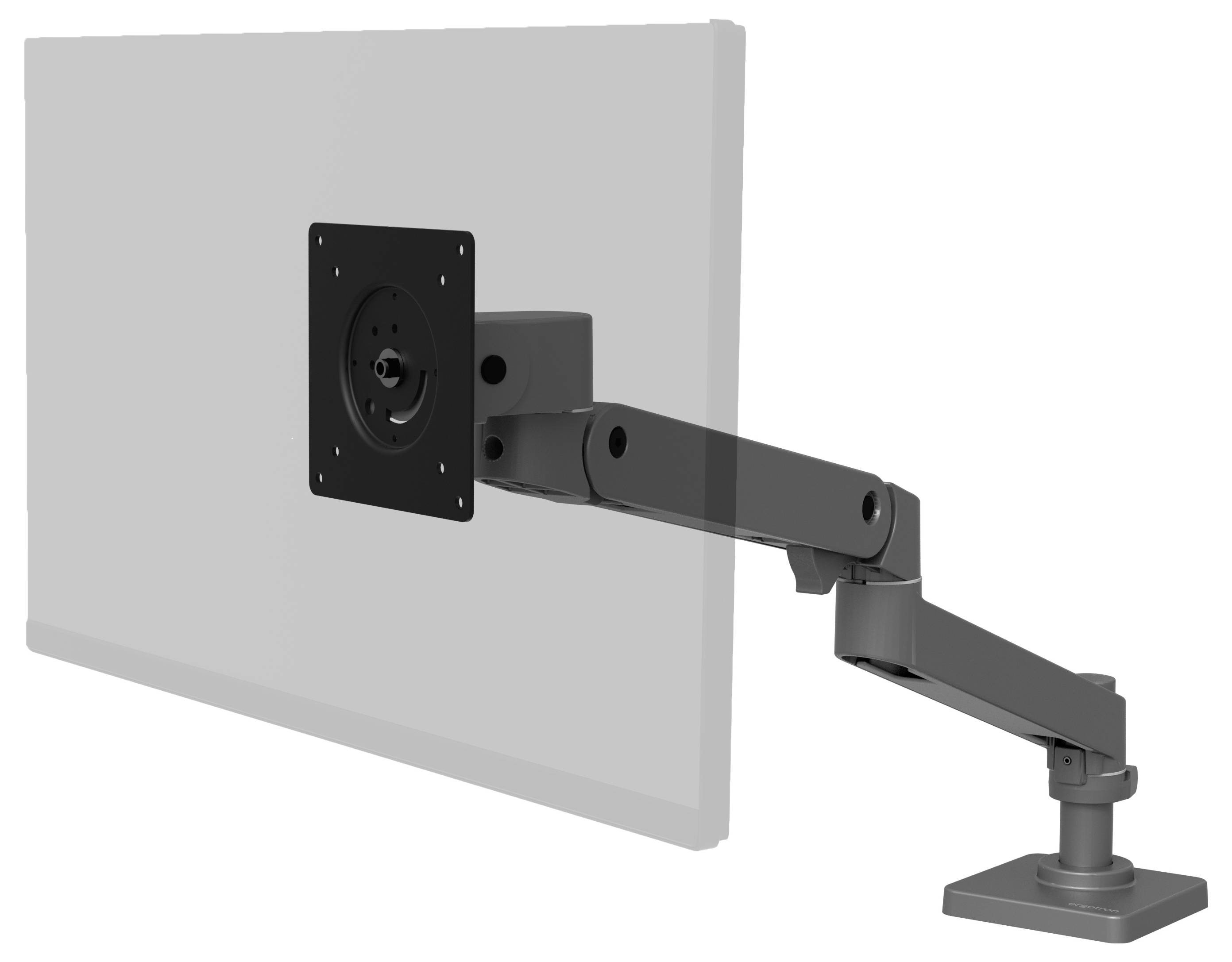 Metalowy uchwyt do monitora w kolorze czarnym, przedstawiony z boku, umożliwia elastyczne ustawienie ekranu.