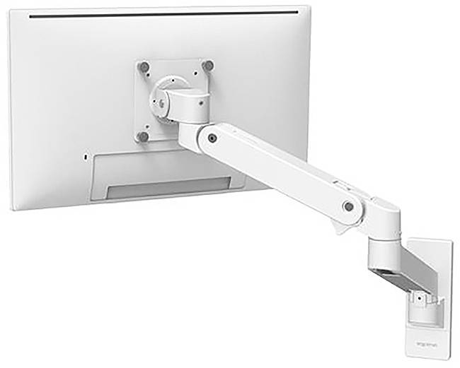 Biały uchwyt monitora jest zamontowany na ścianie i podtrzymuje ekran. Ramię jest elastyczne i można go dowolnie ustawiać.