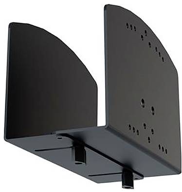 Czarna, prostokątna metalowa wspornik z bocznymi skrzydełkami i wieloma wzorami otworów, odpowiednia do mocowania urządzeń.