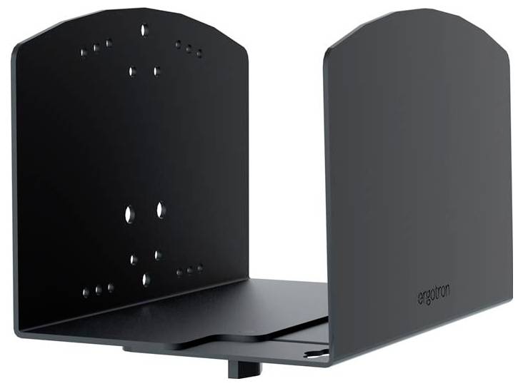 Czarny metalowy uchwyt do komputera lub urządzeń elektronicznych, do montażu ściennego, z wieloma otworami na śruby umożliwiającymi elastyczną instalację.