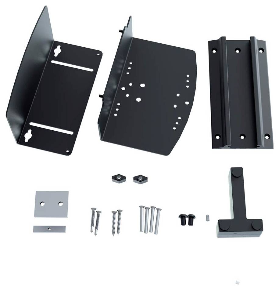 Zestaw mocowań ściennych metalowych, składający się z trzech głównych części, śrub, kołków rozporowych i elementów mocujących.