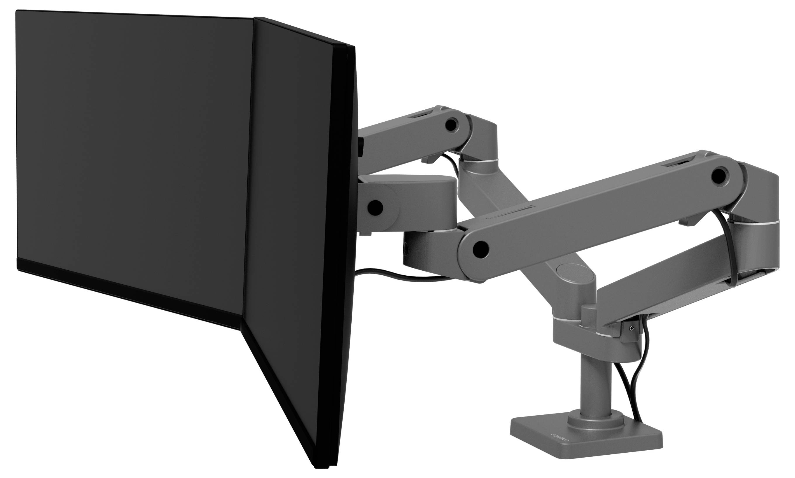 Czarny monitor jest zamocowany na regulowanym, srebrnym ramieniu z podwójnym przegubem, które jest zamontowane na biurku.