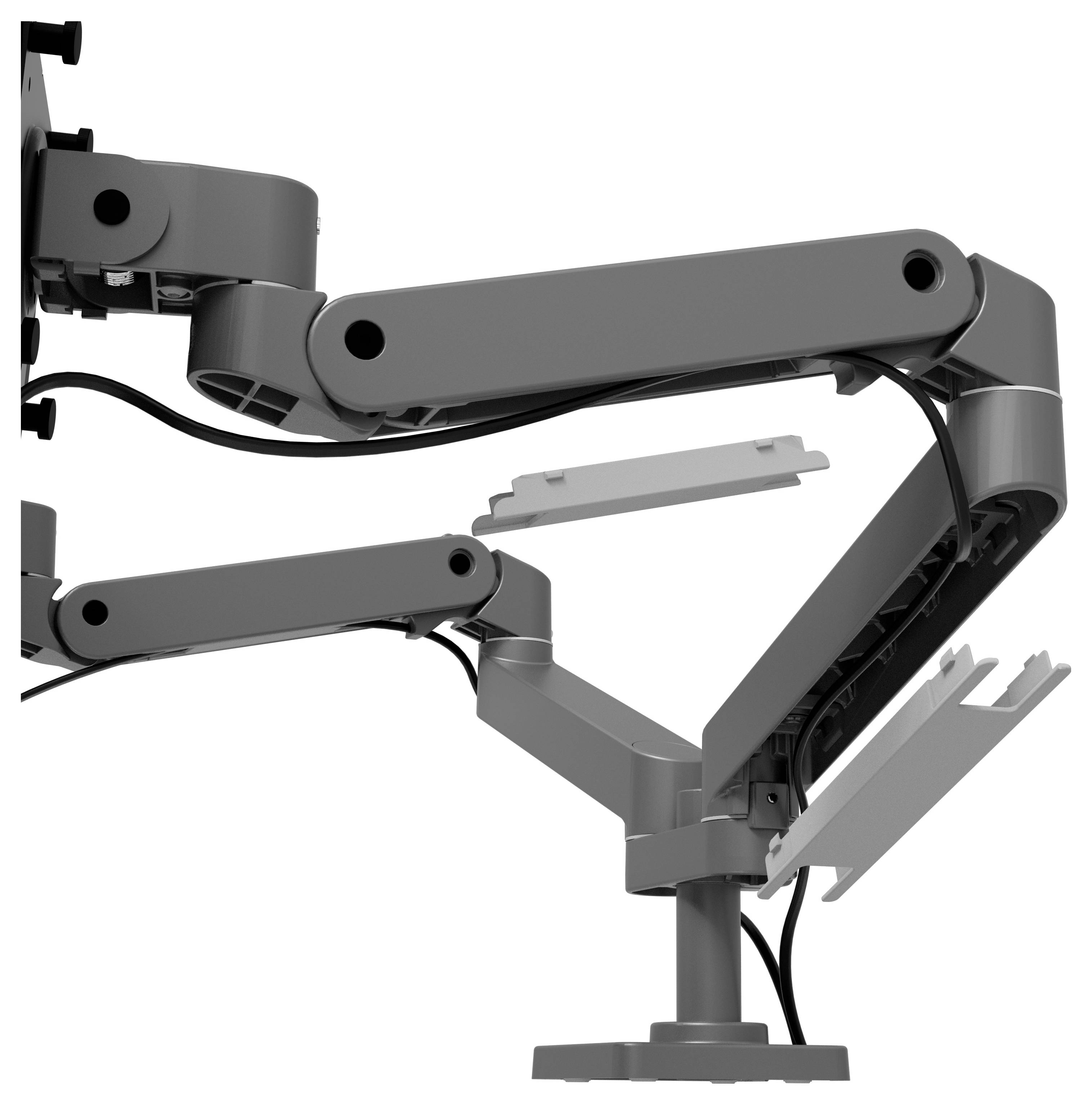 Podwójne metalowe ramię na monitory z przegubami, które pozwala na poziomy montaż dwóch ekranów. Idealne do organizacji przestrzeni roboczej.