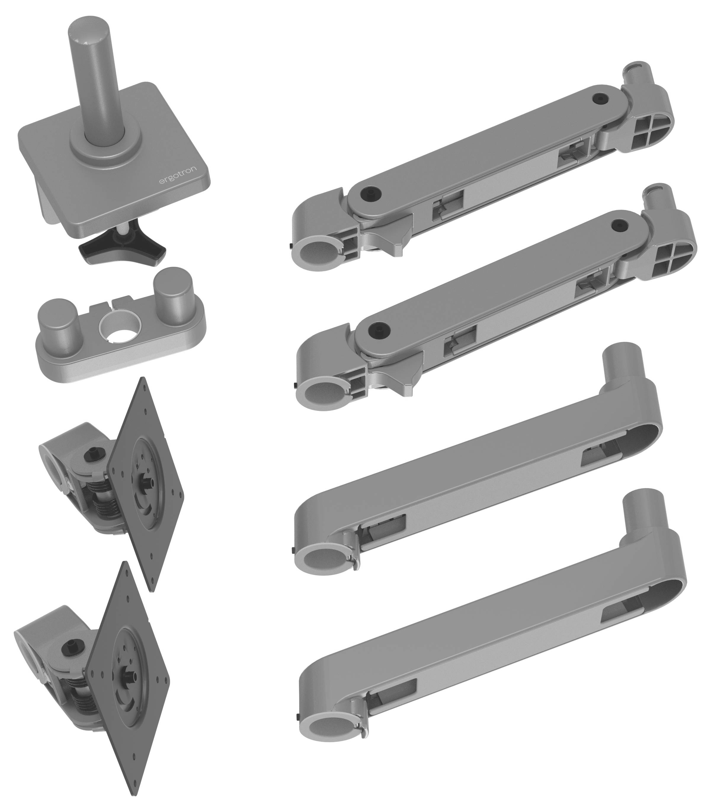 Różne szare elementy metalowe przeznaczone do montażu mechanicznego lub przemysłowego, w tym dźwignie, zawiasy i elementy mocujące.