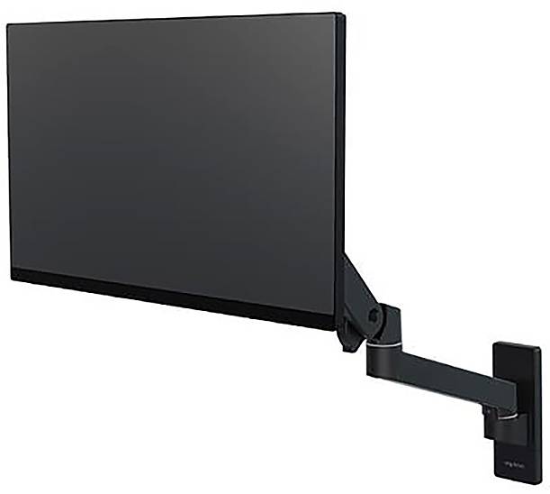 Czarny płaski ekran jest zamocowany na ruchomym ramieniu ściennym, który pozwala na przesuwanie ekranu w różnych kierunkach.