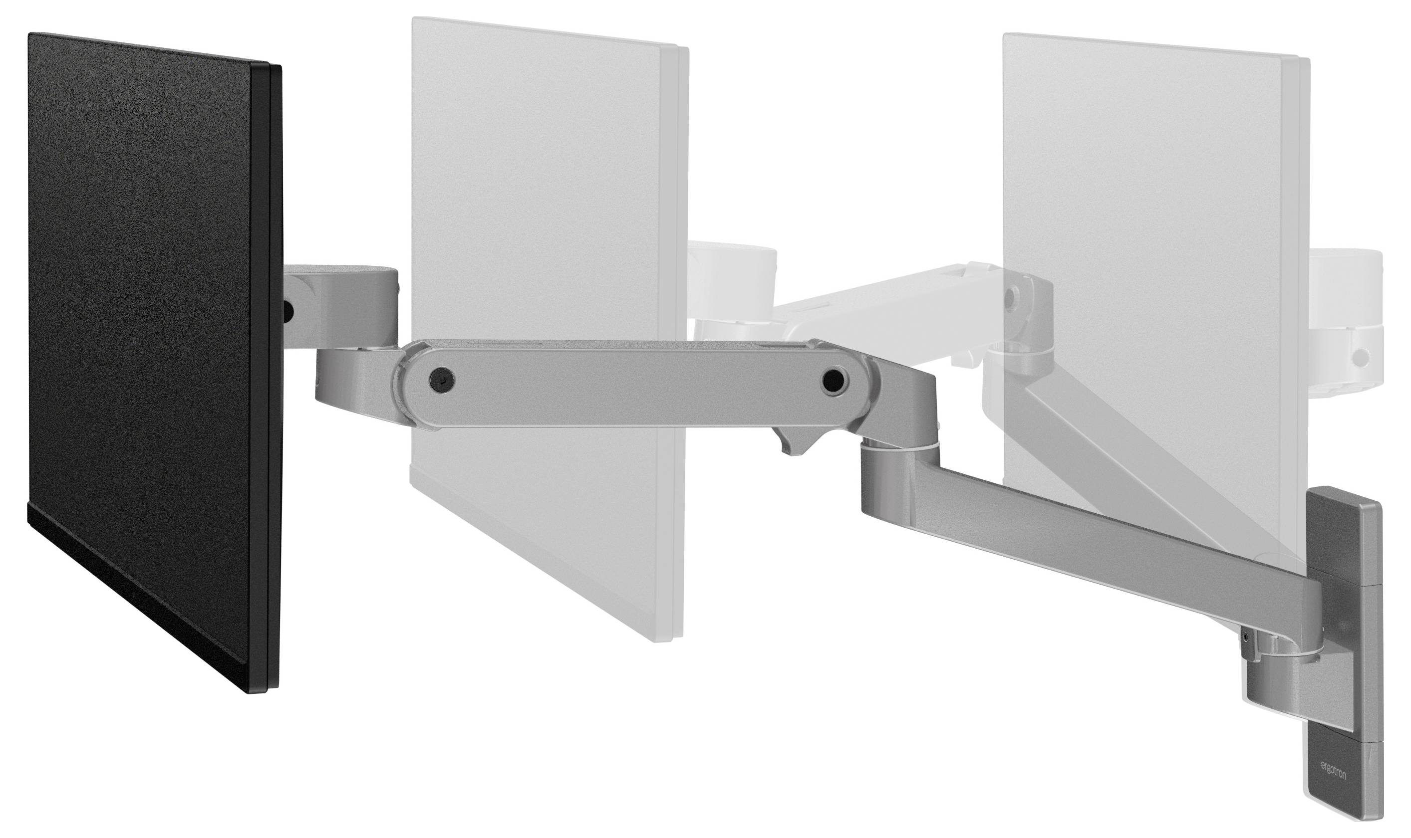 Czarny monitor komputerowy jest zamontowany na elastycznym, obrotowym ramieniu, które pozwala na przesuwanie ekranu w różnych kierunkach.
