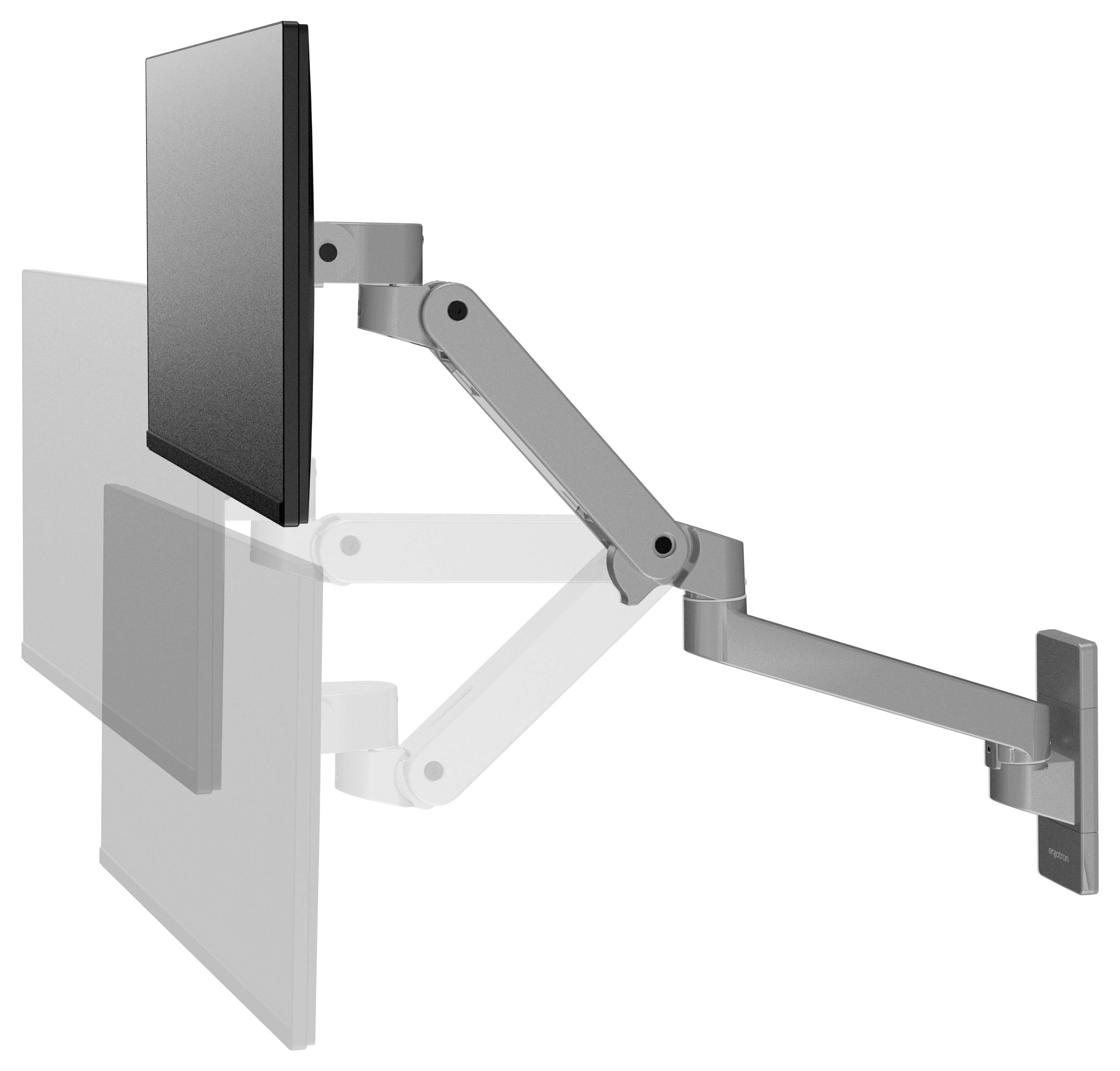 Płaski ekran jest zamontowany na ruchomym, regulowanym ramieniu przegubowym, przymocowanym do uchwytu ściennego.