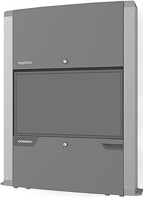 Szara ścienna podstawa mocująca do przechowywania monitorów lub sprzętu medycznego, zamknięta, nieeksponująca żadnych elementów elektronicznych.