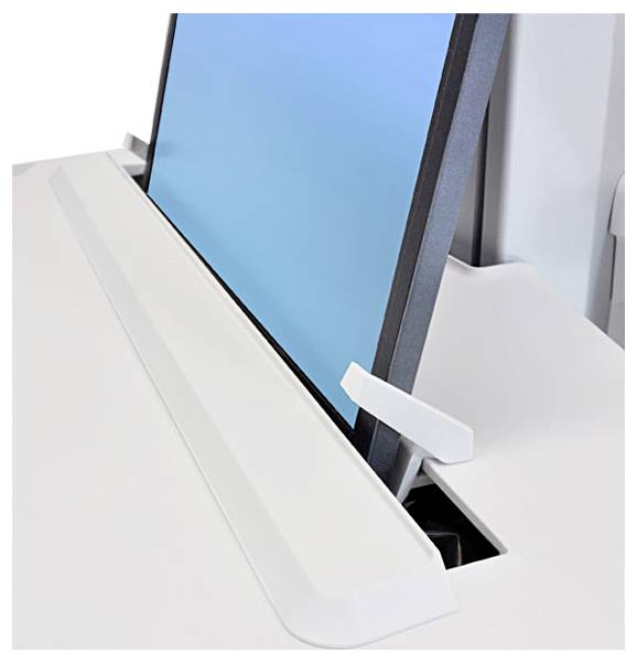 Uchwyt do monitora wykonany z białego tworzywa sztucznego, trzymający niebieski ekran.