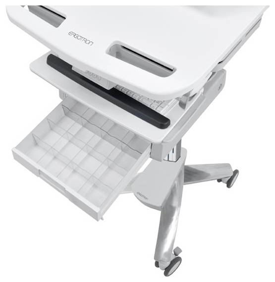 Mobilny wózek komputerowy z wieloma przegródkami i kółkami, zaprojektowany z myślą o ergonomicznej pracy i łatwej mobilności.