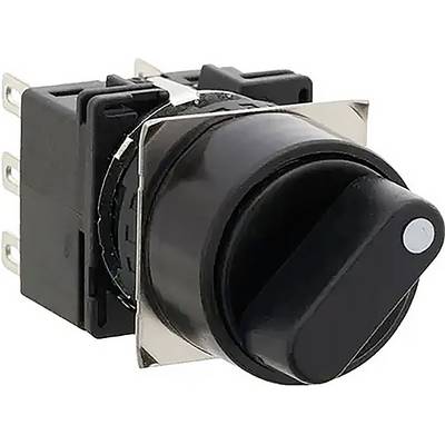 Okrągły, czarny przełącznik obrotowy z metalową ramką i trzema zaciskami przyłączeniowymi, prawdopodobnie służący do sterowania urządzeniami elektrycznymi.