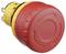 Czerwony wyłącznik awaryjny z żółtą podstawą do maszyn i urządzeń. Rozpoznawalny po strzałkach wygrawerowanych na powierzchni.