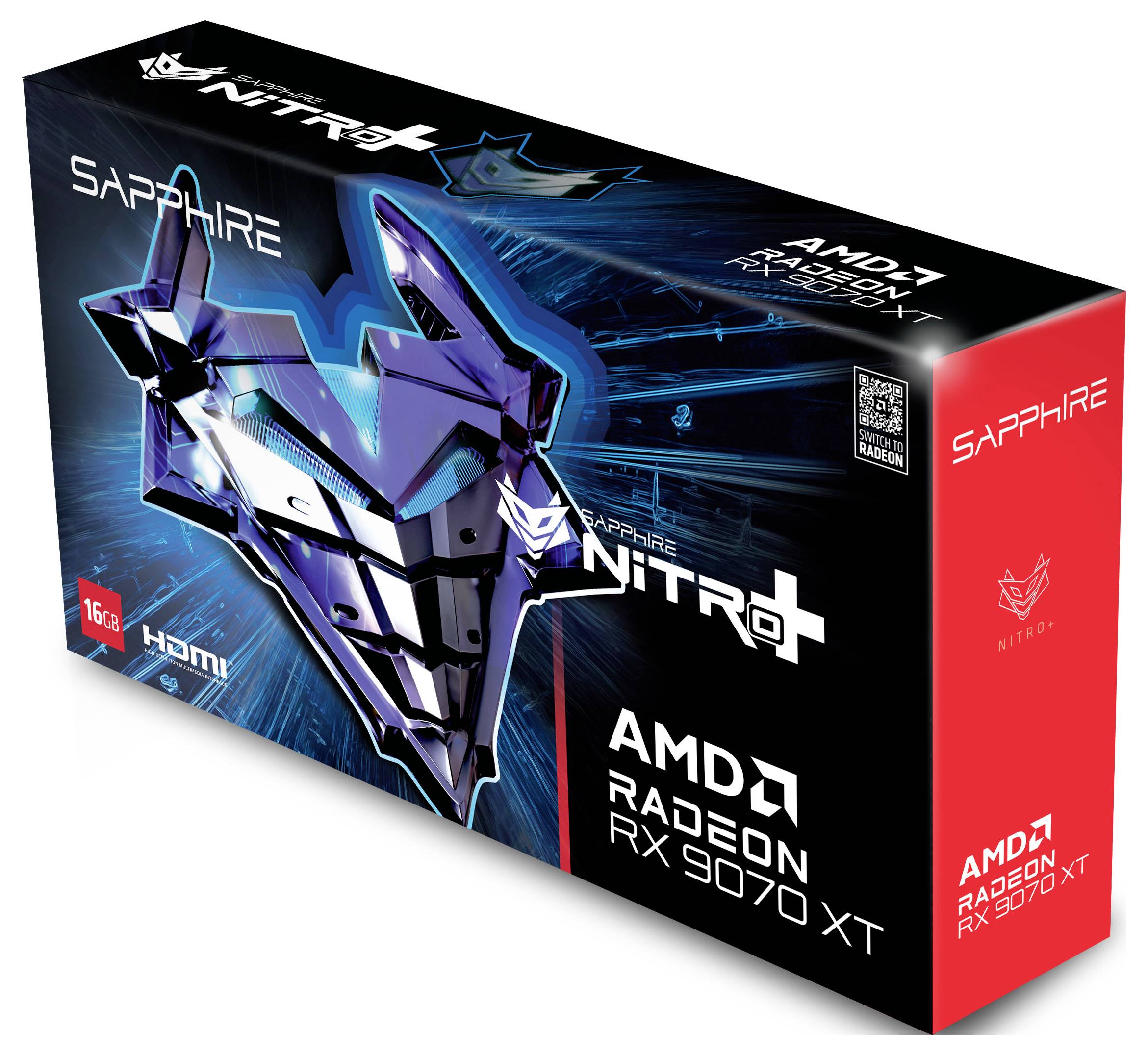 Opakowanie karty graficznej AMD Radeon RX 7900 XT firmy Sapphire, model Nitro+. 16 GB, złącze HDMI, rzucający się w oczy design z futurystyczną grafiką.