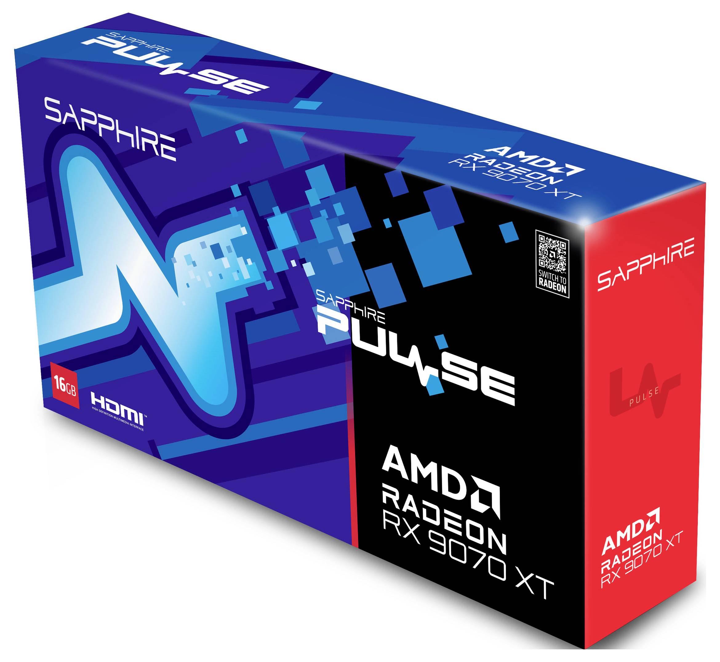Opakowanie karty graficznej AMD Radeon RX 9070 XT Sapphire Pulse z 16 GB pamięci i złączem HDMI.