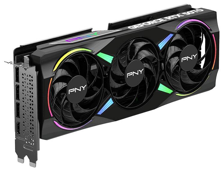 Karta graficzna z trzema wentylatorami i podświetleniem RGB. Na karcie widnieje napis 'PNY GeForce RTX 3070'. Złącza widoczne są z boku.
