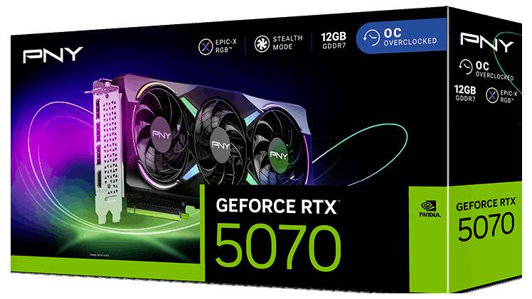 Opakowanie karty graficznej 'PNY GeForce RTX 5070' z 12GB GDDR7, wersja OC z podkręconym zegarem, z podświetleniem EPIC-X RGB i logo NVIDIA, projekt pudełka prezentujący kartę.