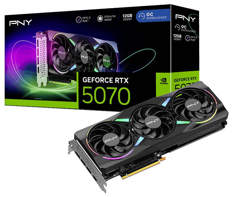 Karta graficzna PNY GeForce RTX 5070 z 12 GB pamięci GDDR7 i obudową. Opakowanie prezentuje kolorowe smugi świetlne i szczegóły techniczne.