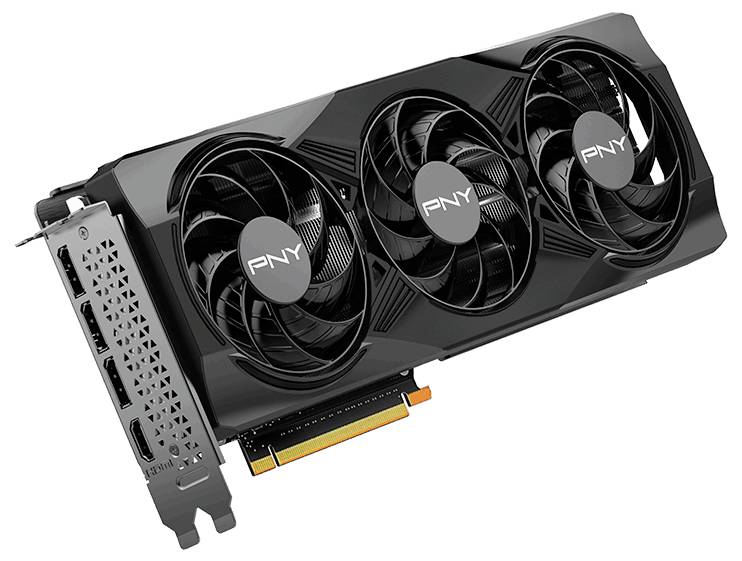 Czarna karta graficzna z trzema wentylatorami i logo PNY. Z boku widoczne są trzy złącza DisplayPort oraz złącze HDMI.