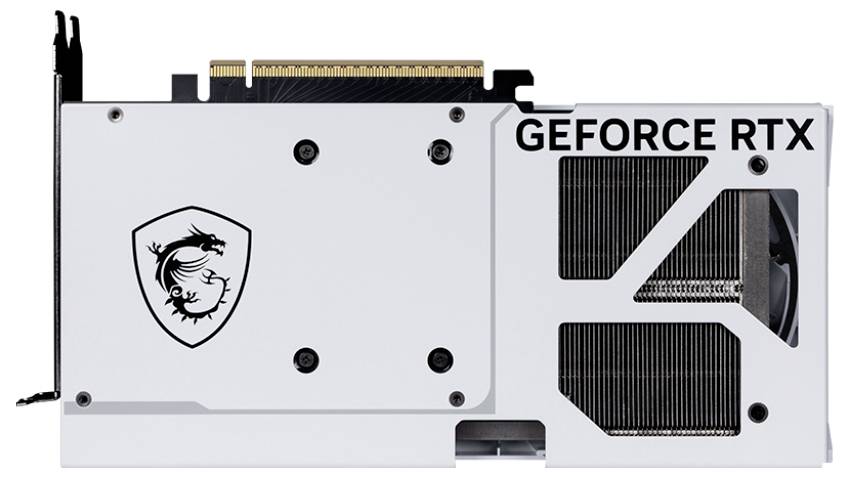 Biała karta graficzna z napisem 'GEFORCE RTX' i logo smoka. Widok z tyłu przedstawiający obszar wentylatorów i złączy.