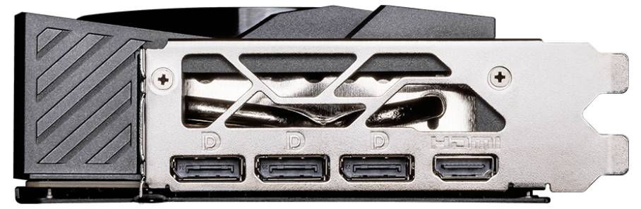 Widok z tyłu karty graficznej z czterema złączami DisplayPort. Projekt utrzymany głównie w kolorach czarnym i metalicznym.