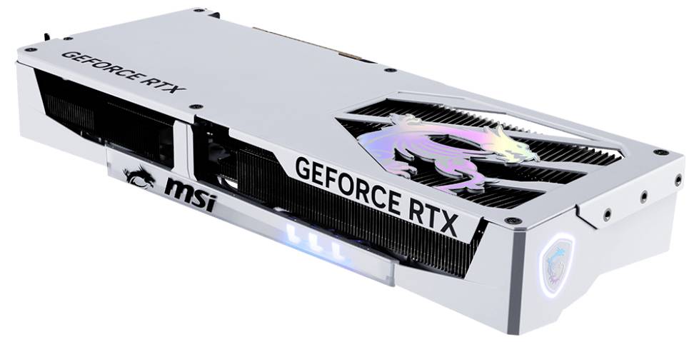 Biała karta graficzna z napisem 'GEFORCE RTX' i kolorową dekoracją smoka na górnej części. Oznaczenie 'msi' z boku.