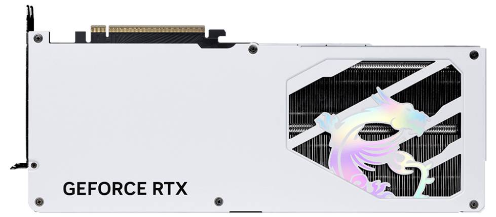Biała tylna strona karty graficznej z napisem 'GEFORCE RTX' oraz holograficznym wzorem smoka obok żeberek chłodzących.