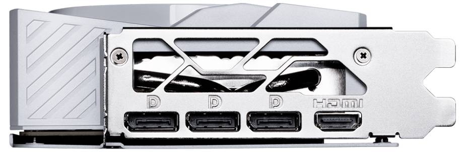 Tylna strona karty graficznej z trzema złączami DisplayPort i jednym złączem HDMI, odpowiednia do podłączenia wielu monitorów.