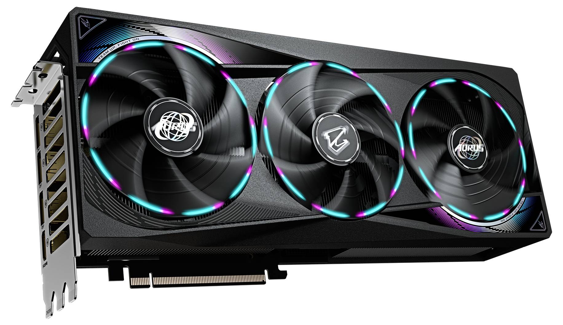 Czarna karta graficzna z trzema dużymi wentylatorami, dekoracyjnymi diodami LED i metalowymi złączami po lewej stronie.