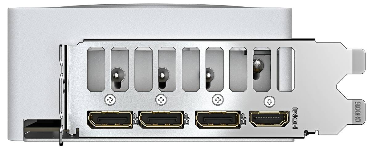 Widok tylny obudowy komputera z czterema złączami HDMI, widocznymi na metalowej płycie. Przeznaczony dla rozbudowywalnych kart graficznych.