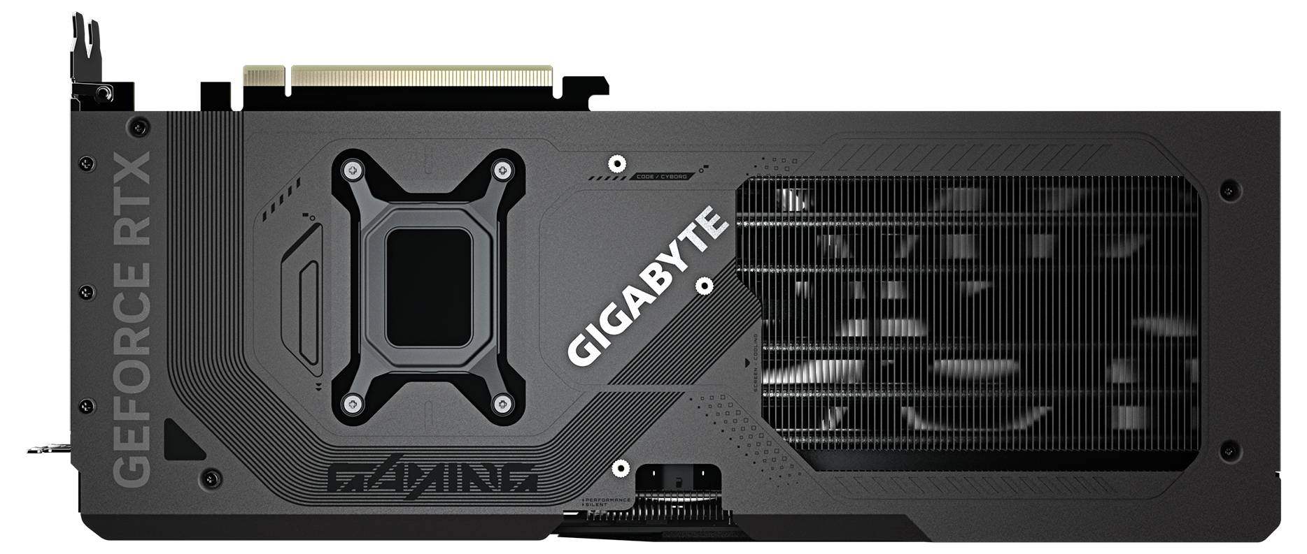 Karta graficzna NVIDIA w pozycji poziomej, model 'GIGABYTE GeForce RTX'. Widoczne są wentylatory i żeberka chłodzące. Idealna do gier i wydajnej grafiki.