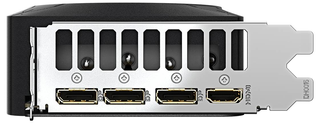 Tylna strona karty graficznej z czterema złączami HDMI i szczelinami wentylacyjnymi, odpowiednia do podłączenia wielu ekranów.