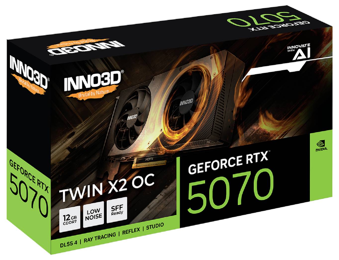 Opakowanie karty graficznej INNO3D GeForce RTX 5070 z oznaczeniem pojemności: 12 GB, funkcje: DLSS 4, Ray Tracing, Reflex, Studio.