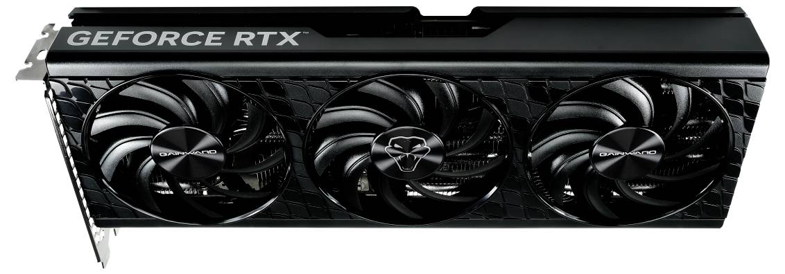 Karta graficzna z trzema wentylatorami i napisem 'GEFORCE RTX' na górnej powierzchni.