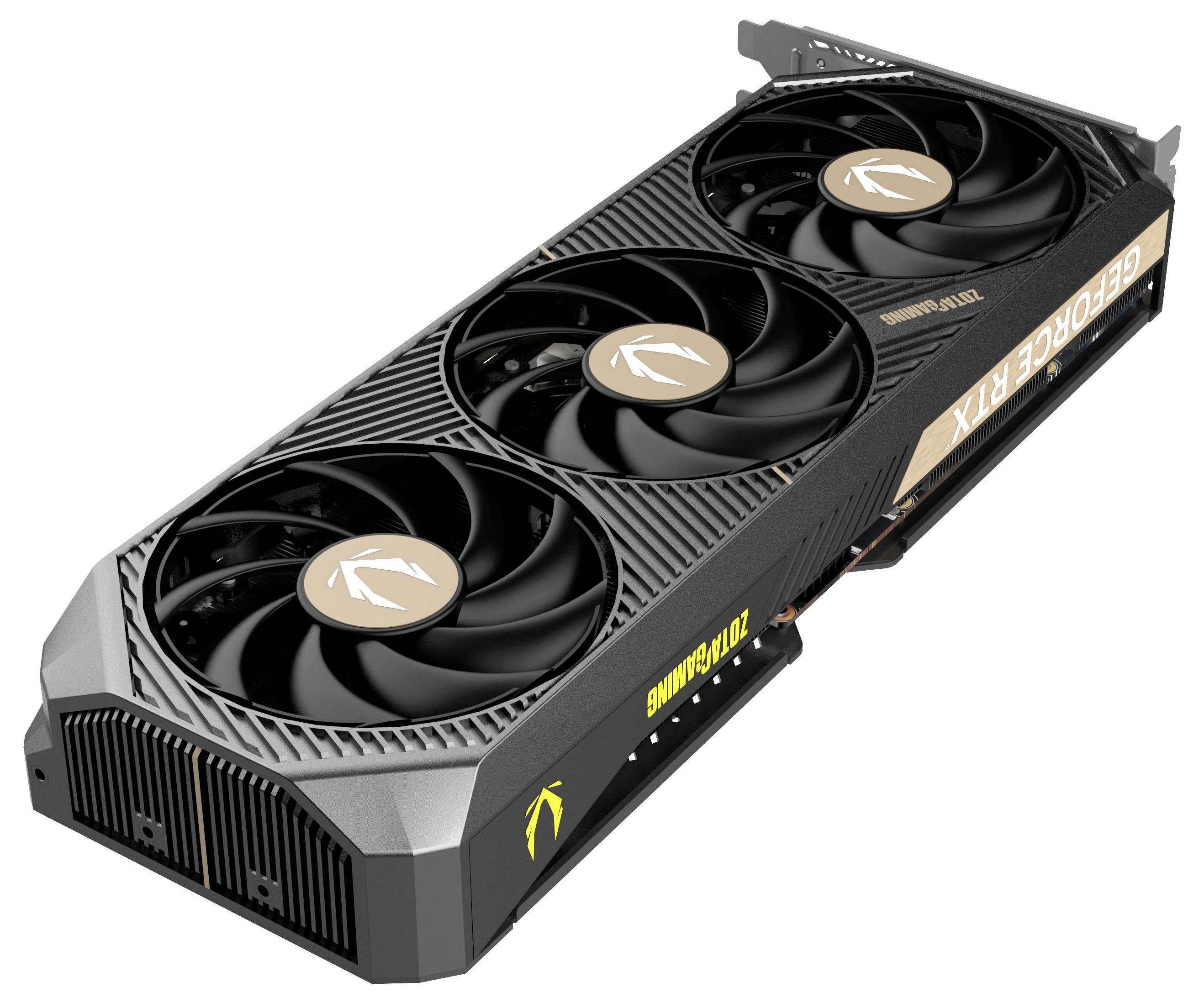 Karta graficzna Zotac z trzema wentylatorami, model 'GeForce RTX', w kolorze czarnym ze złotymi akcentami.