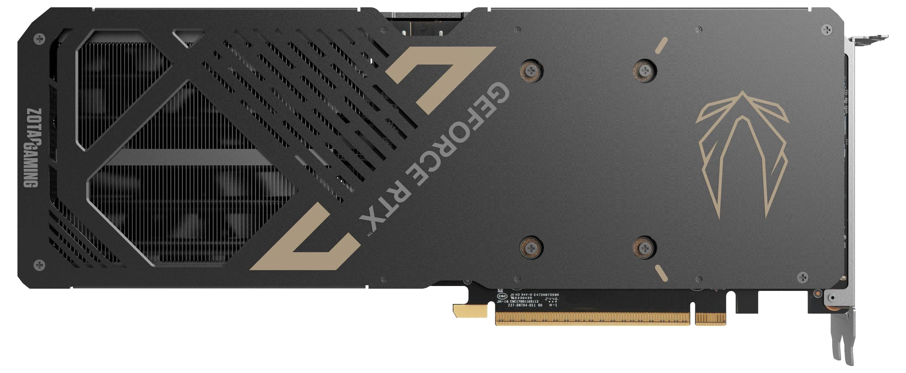 Tylna strona karty graficznej w czarnej obudowie z złotymi akcentami i napisem 'GeForce RTX'. Widoczne szczeliny wentylacyjne.