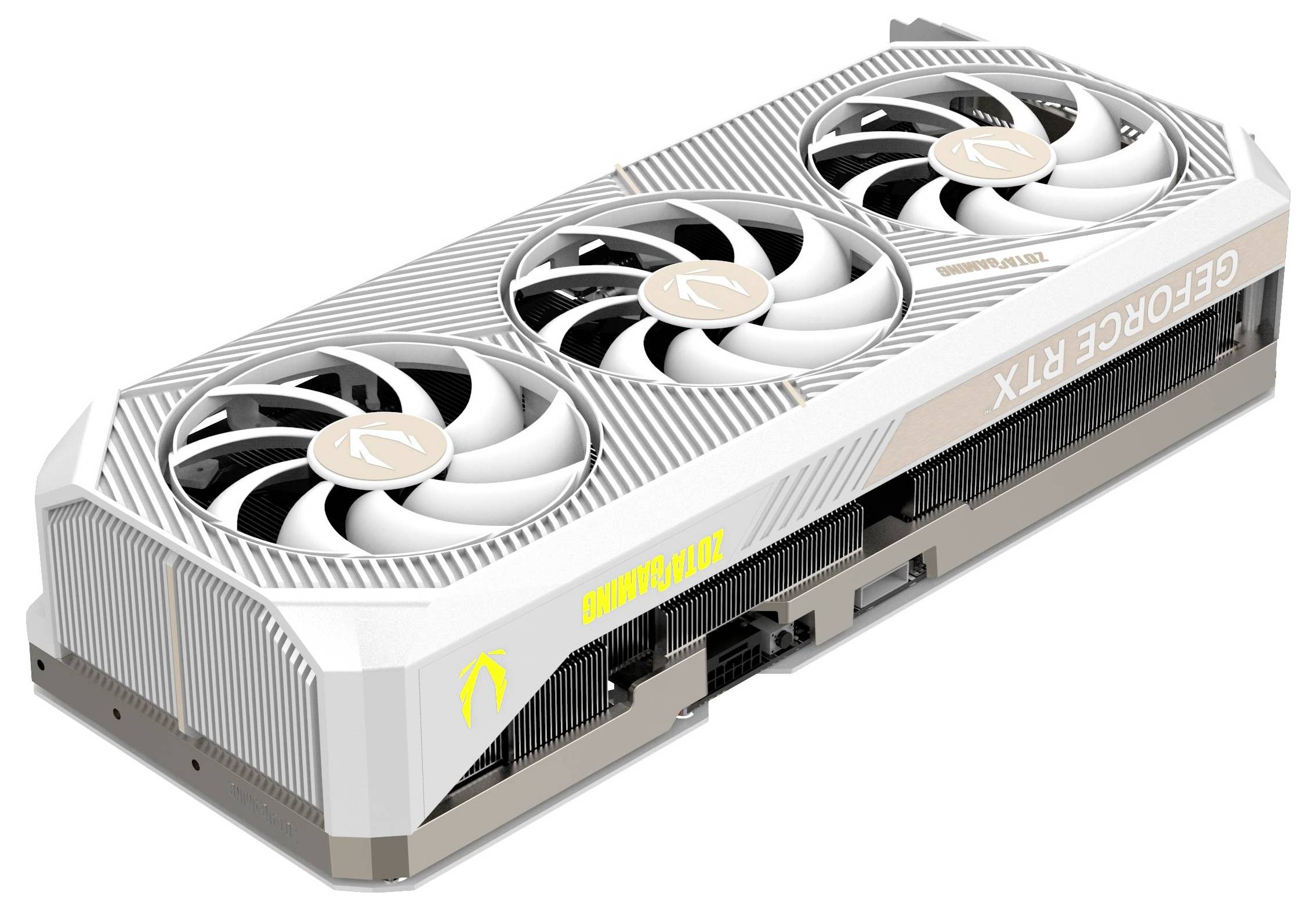 Biała karta graficzna z trzema wentylatorami, widok z boku ujawnia napis 'GEFORCE RTX'. Nowoczesny design, odpowiedni do wydajnych komputerów.