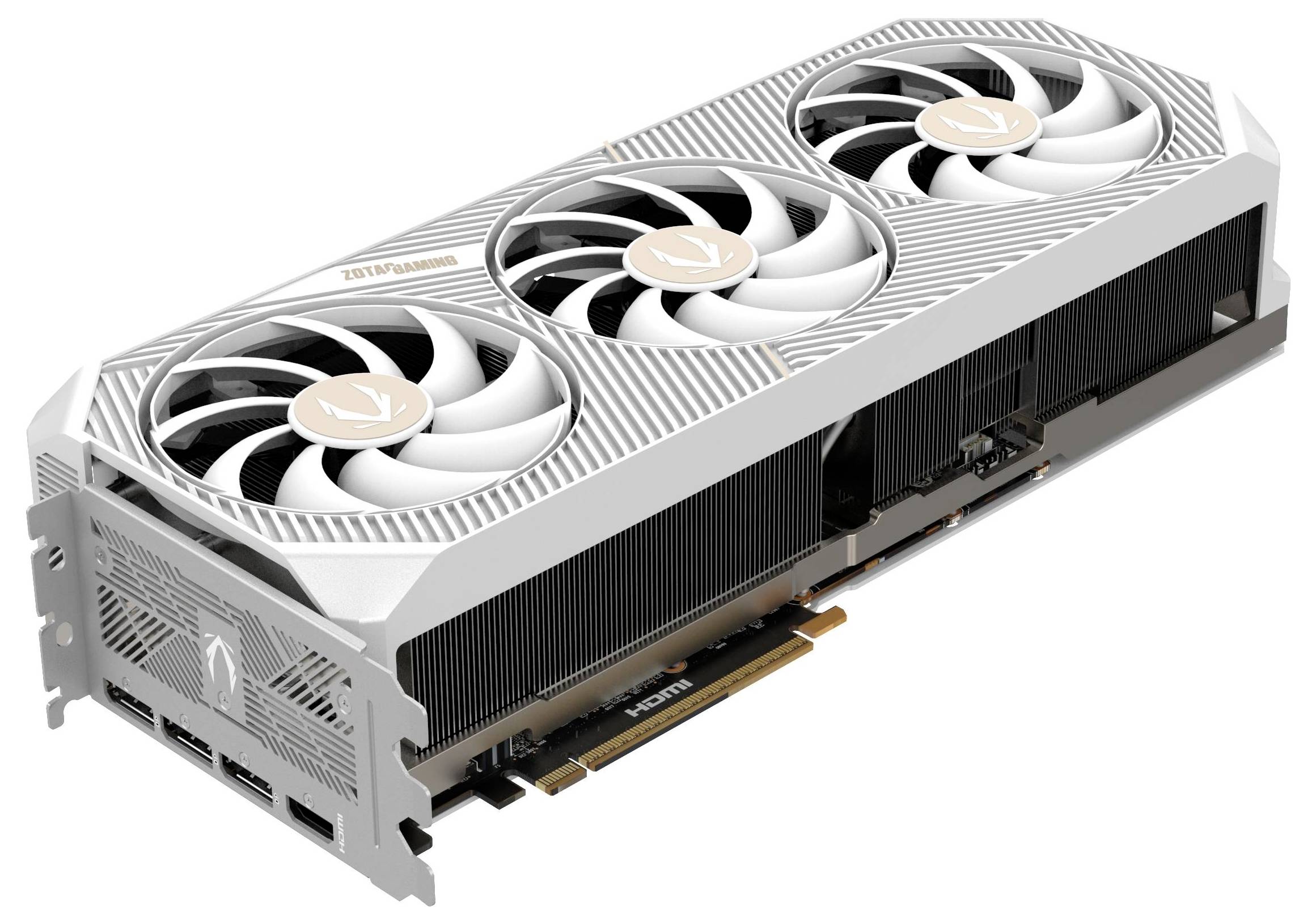 Biała, nowoczesna karta graficzna z trzema wentylatorami, złączami HDMI i DisplayPort. Projekt o wysokiej wydajności do komputerów.