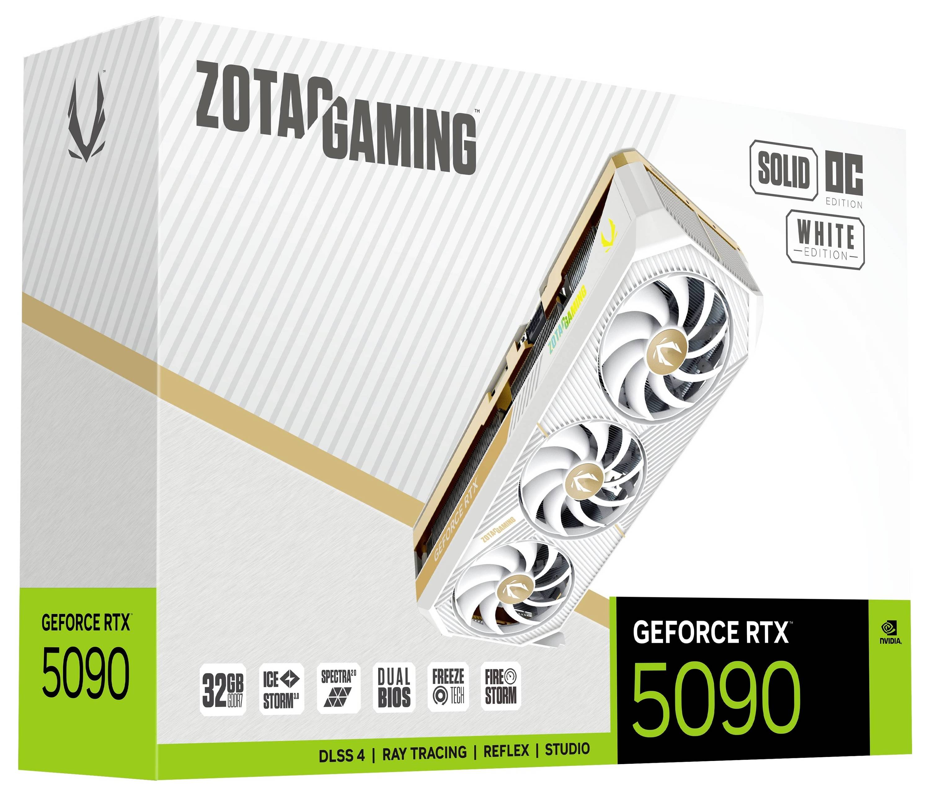 Opakowanie karty graficznej ZOTAC Gaming GeForce RTX 5090 z białym i złotym designem, podkreślającym zaawansowane funkcje takie jak DLSS 4 i Ray Tracing.